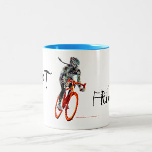 Not Frilly.  Female Cyclist & Flames Two-Tone Coffee Mug