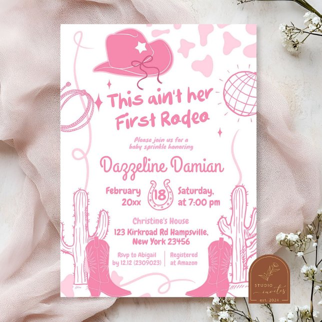 Not Her First Rodeo Disco Pink Bow Baby Shower Invitation (Creator Uploaded)