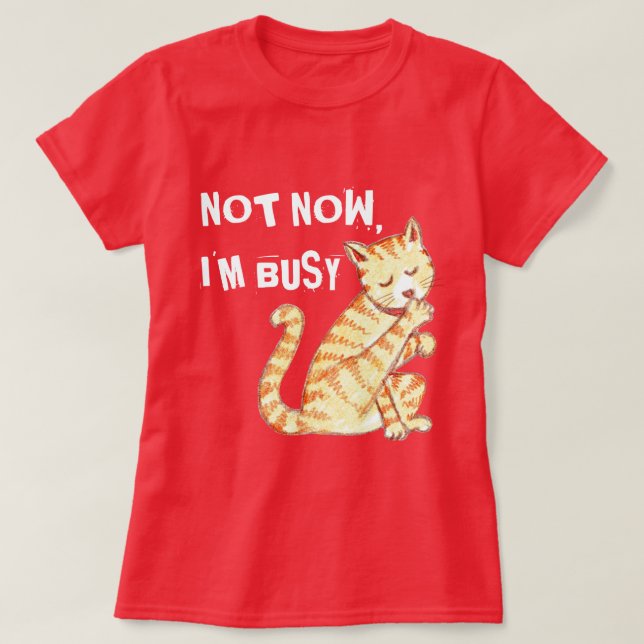 "Not Now I'm Busy" Funny Cat Quote T-Shirt (Design Front)
