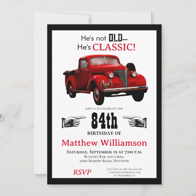 Not Old But Classic 1939 Red Truck Birthday Year Invitation (Front)