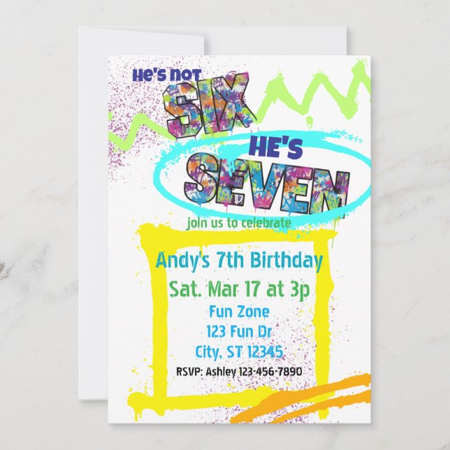 not SIX, SEVEN Spray-paint, Boy 7th Birthday Invitation (Front)
