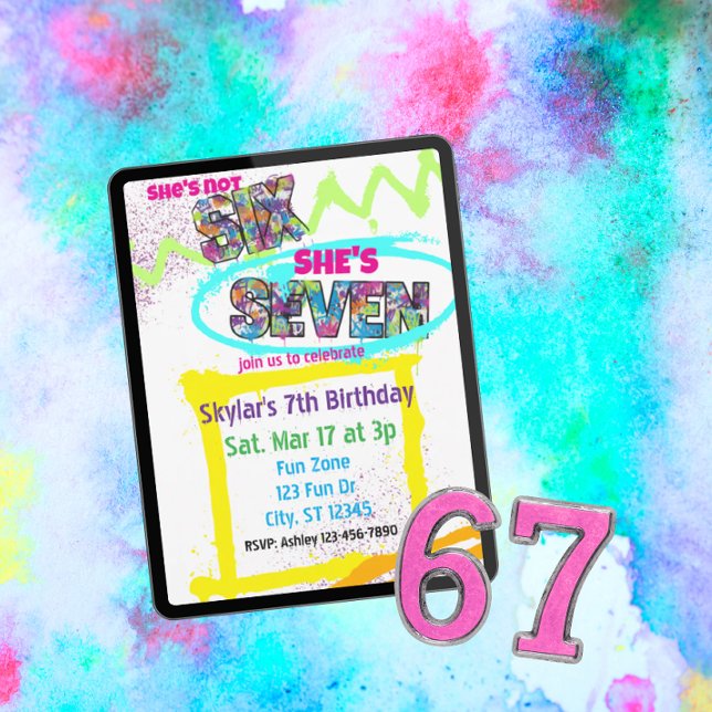 not SIX, SEVEN Spray-paint Colourful 7th Birthday Invitation (Creator Uploaded)