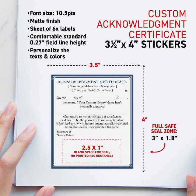 Notary Acknowledgement Certificate Document 3.5x4" Wine Label (Personalized Universal Notary Acknowledgment Certificate Document, with safe OCR lines and fonts)