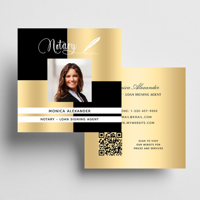 Notary black gold photo QR code loan signing agent Square Business Card (Creator Uploaded)