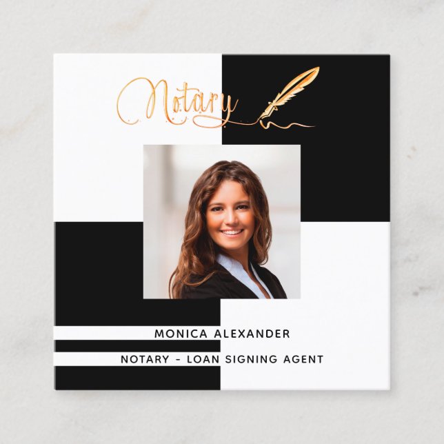 Notary black photo QR code loan signing agent Square Business Card (Front)