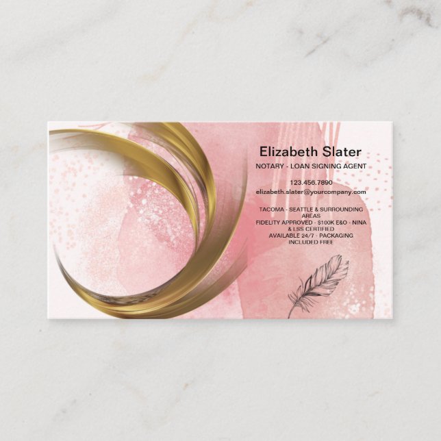 Notary Business Card Rose Pink Gold Swirl Design (Front)