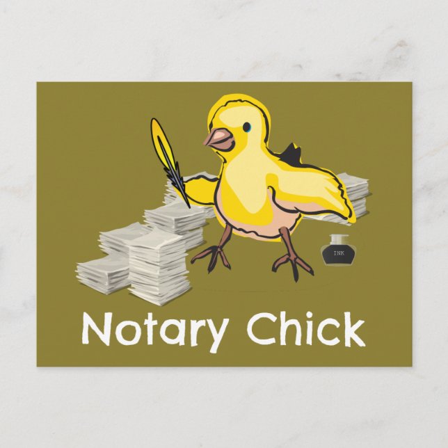 Notary Chick Yellow Feather Quill and Documents Postcard (Front)