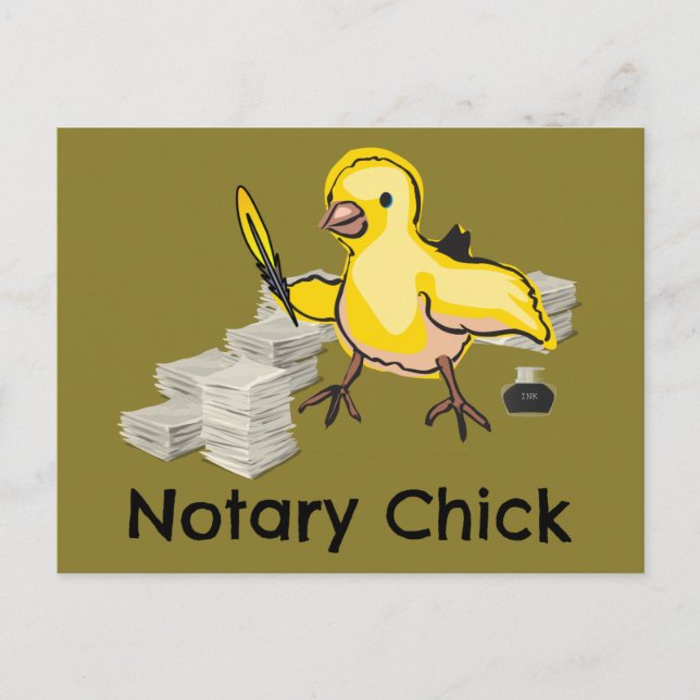 Notary Chick Yellow Feather Quill and Documents Postcard (Front)
