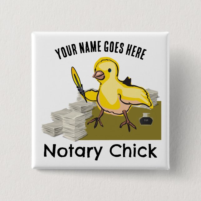 Notary Chick Yellow Feather Quill Customised Name 15 Cm Square Badge (Front)