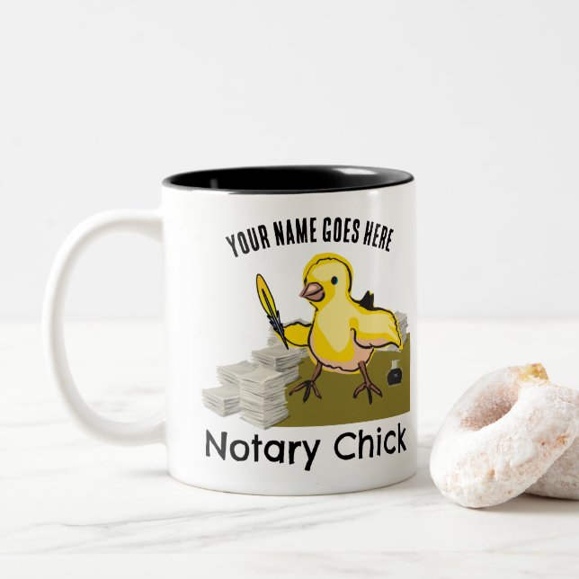 Notary Chick Yellow Feather Quill Customised Name Two-Tone Coffee Mug (With Donut)