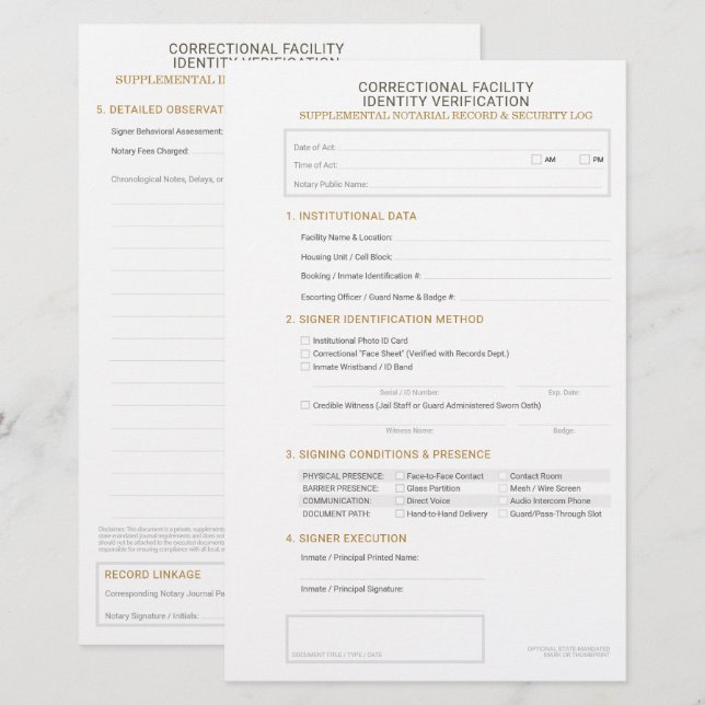 Notary Correctional Identity Verification Sheet Stationery (Front/Back)