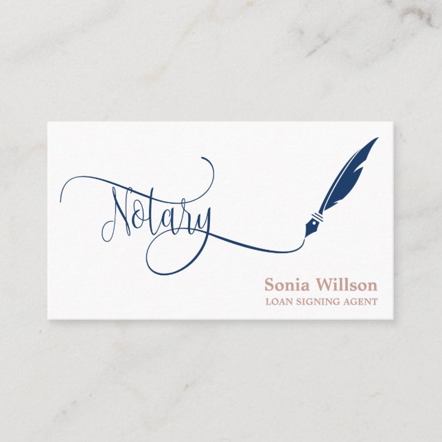 Notary elegant blue navy  typography feather pen business card (Front)