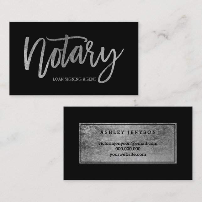 Notary elegant chic silver typography black business card (Front/Back)