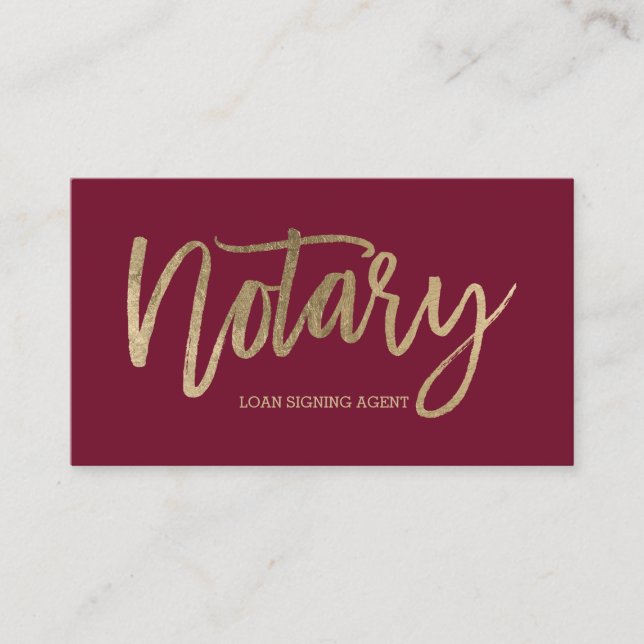 Notary elegant gold typography red burgundy business card (Front)