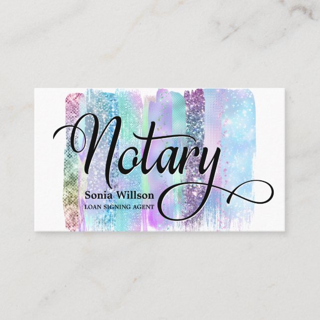 Notary elegant iridescent pastel typography business card (Front)