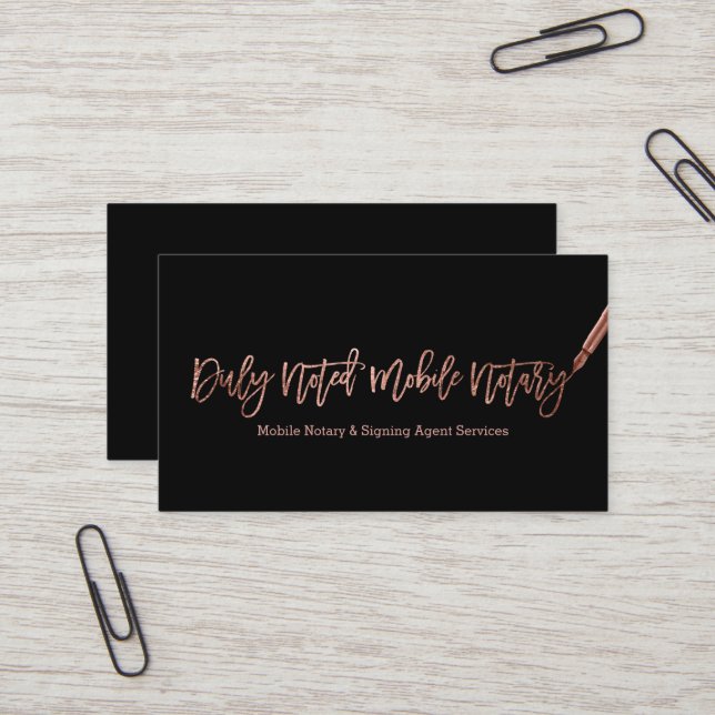 Notary elegant rose gold typography black pen logo business card (Front/Back In Situ)