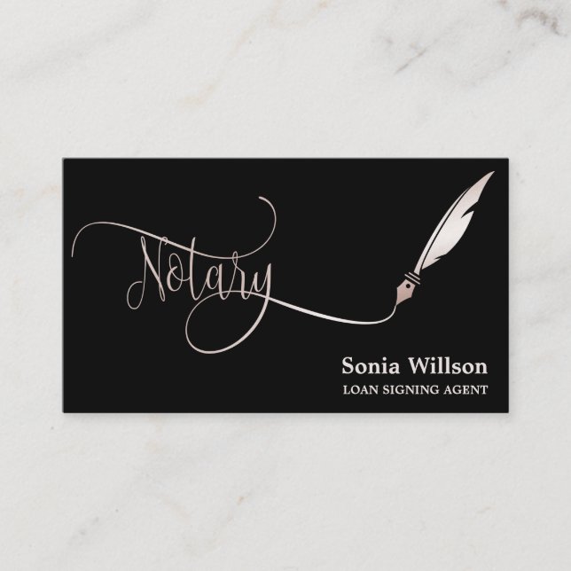 Notary elegant rose gold typography feather pen business card (Front)