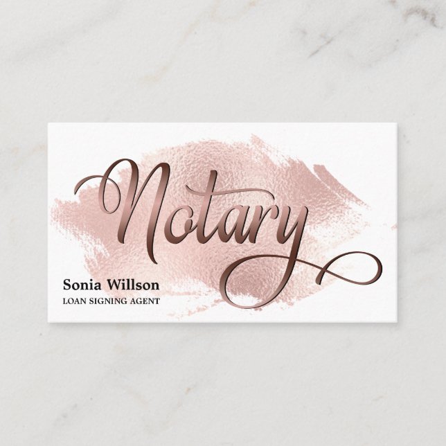 Notary elegant rose gold typography feather pen business card (Front)