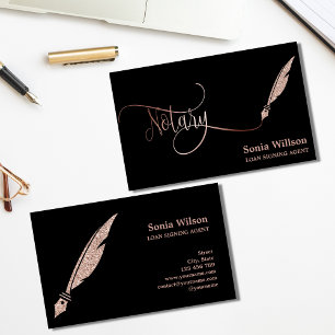 Notary elegant rose gold typography feather pen business card