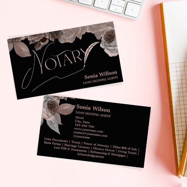Notary elegant rose gold typography feather pen business card (Creator Uploaded)