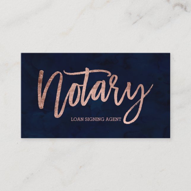 Notary elegant rose gold typography navy blue business card (Front)