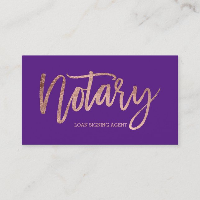 Notary elegant rose gold typography purple business card (Front)