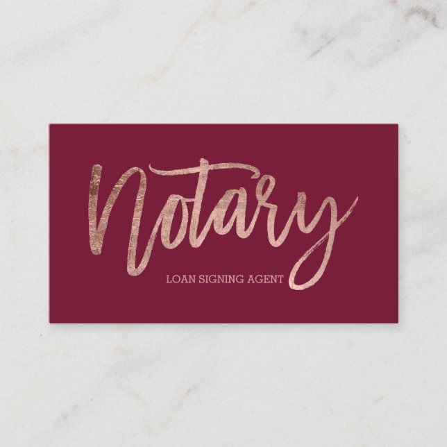 Notary elegant rose gold typography red business card (Front)