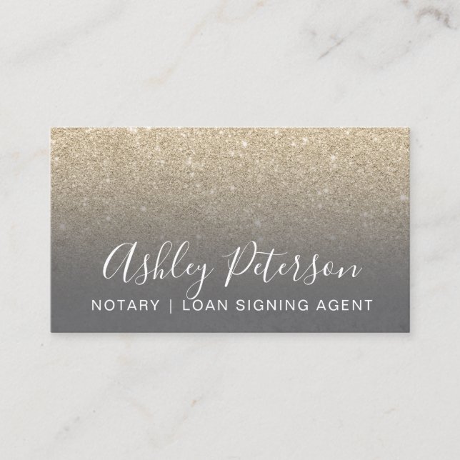 Notary elegant typography grey light gold glitter business card (Front)