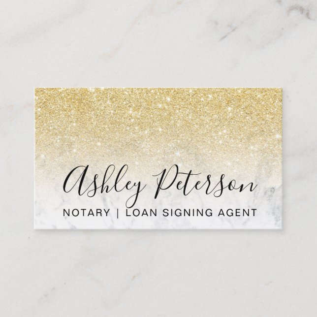 Notary elegant typography marble chic gold glitter business card (Front)