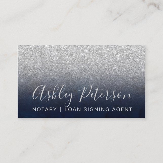 Notary elegant typography navy blue silver glitter business card (Front)