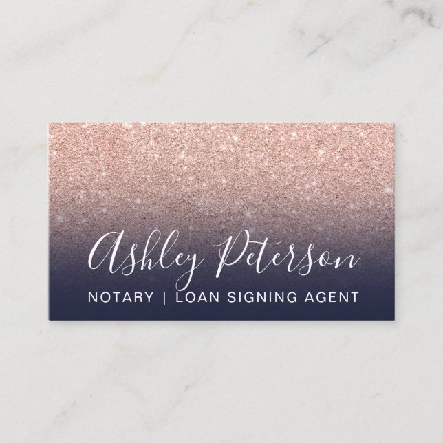 Notary elegant typography navy rose gold glitter business card (Front)