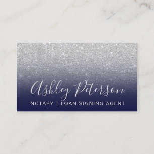 Notary elegant typography silver glitter navy blue business card