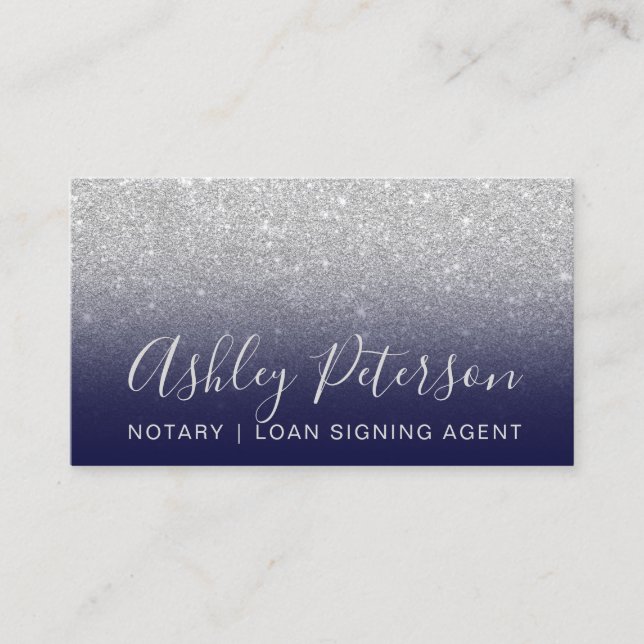 Notary elegant typography silver glitter navy blue business card (Front)