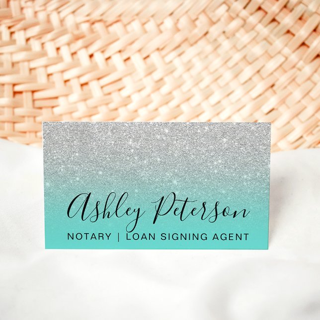 Notary elegant typography silver glitter teal business card (Creator Uploaded)