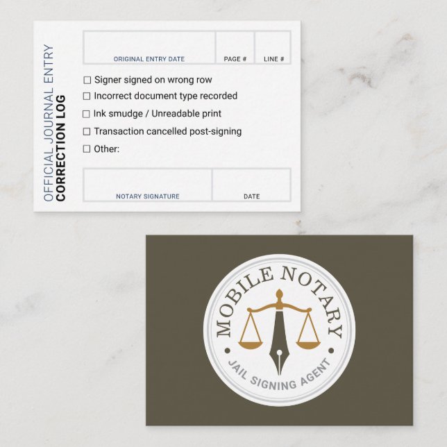Notary Journal Error Correction Log khaki card (Front/Back)