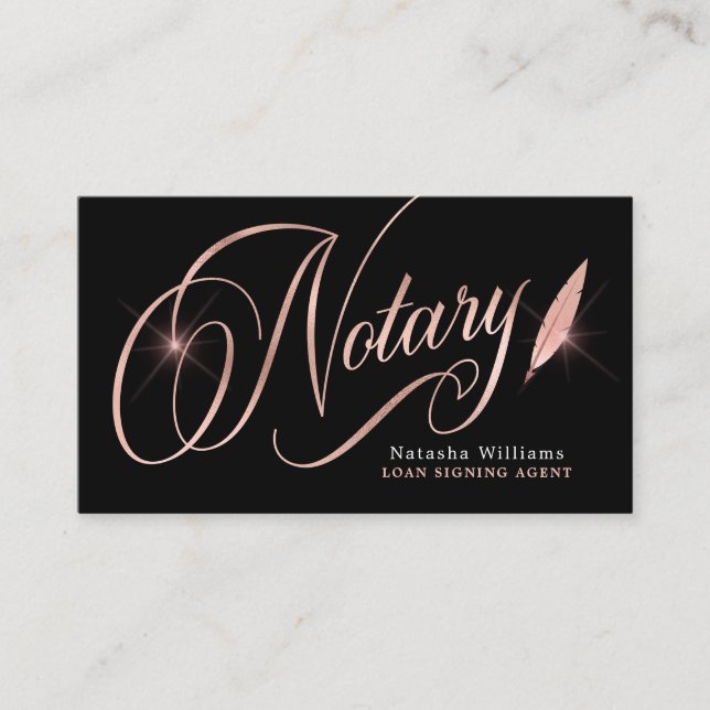 Notary Loan Agent Elegant Rose Gold & Black  Business Card (Front)