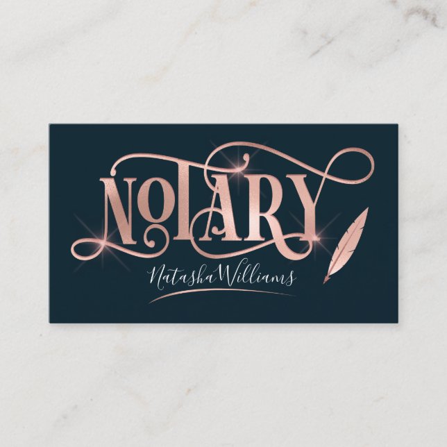 Notary Loan Agent Elegant Rose Gold & Navy Business Card (Front)