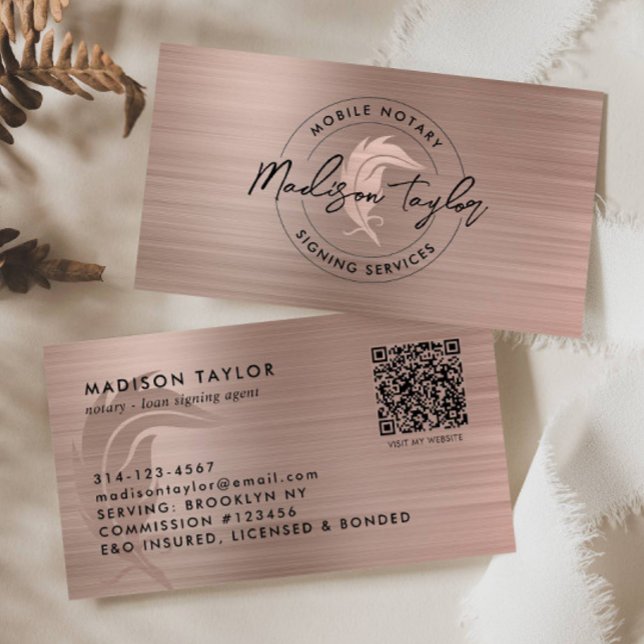 Notary Loan Agent Rose Gold Brushed Metal Quill QR Business Card (Creator Uploaded)