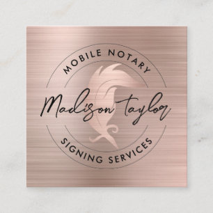 Notary Loan Agent Rose Gold Brushed Metal Quill Square Business Card