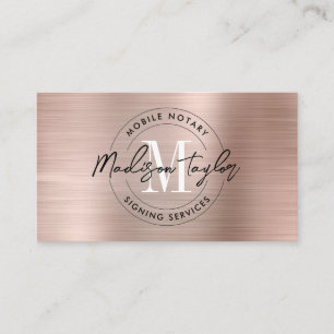Notary Loan Agent Rose Gold Pink Metallic Monogram Business Card