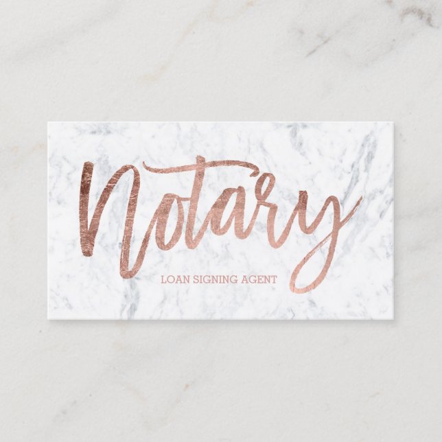 Notary loan modern rose gold typography marble business card (Front)