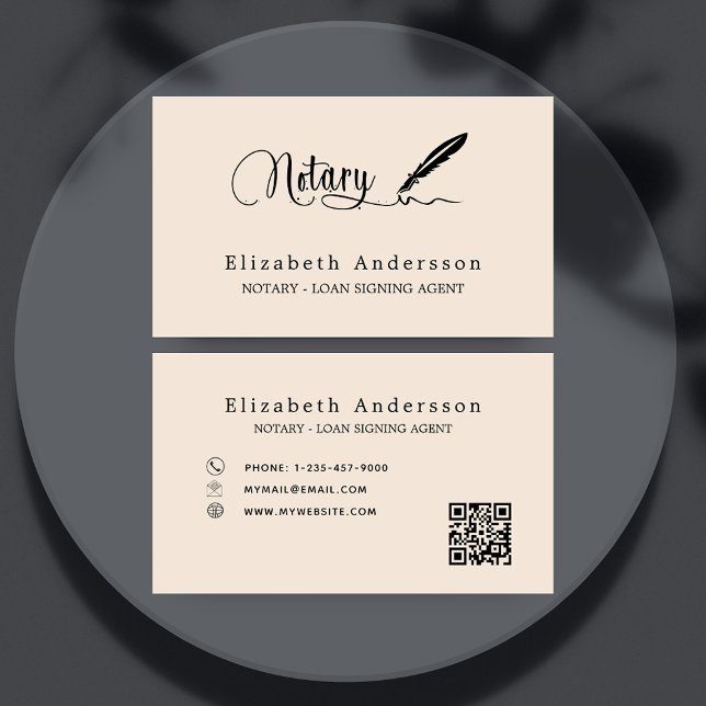 Notary loan signing agent beige QR code Business Card (Creator Uploaded)