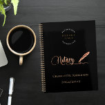 Notary loan signing agent black gold 2025 planner<br><div class="desc">A chic black background,  decorated with a feather pen.  Personalise and add your logo,  a name and year(s).  Golden text: Notary
Back: your logo,  and a QR-code to your website.  Delete if not wanted.</div>