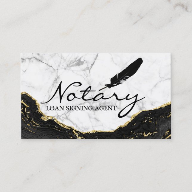 Notary Loan Signing Agent Black Gold Marble Agate Business Card (Front)