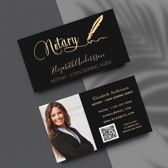 Notary loan signing agent black gold photo QR code Business Card (Creator Uploaded)