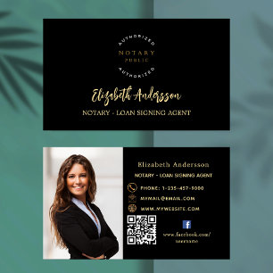 Notary loan signing agent black gold photo QR logo Business Card