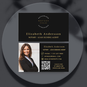 Notary loan signing agent black gold photo QR logo Business Card