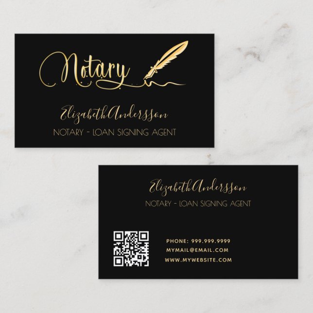 Notary loan signing agent black gold QR code Business Card (Front/Back)