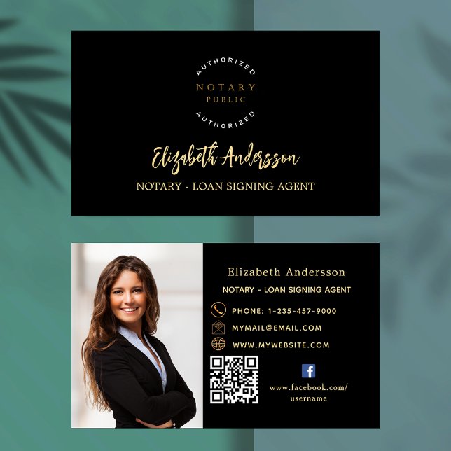 Notary loan signing agent black photo QR premium Business Card (Creator Uploaded)