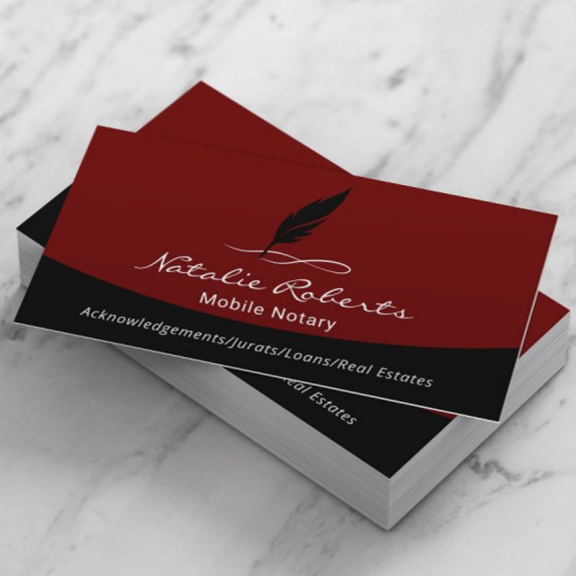 Notary Loan Signing Agent Black Red Quill Logo Business Card (Creator Uploaded)